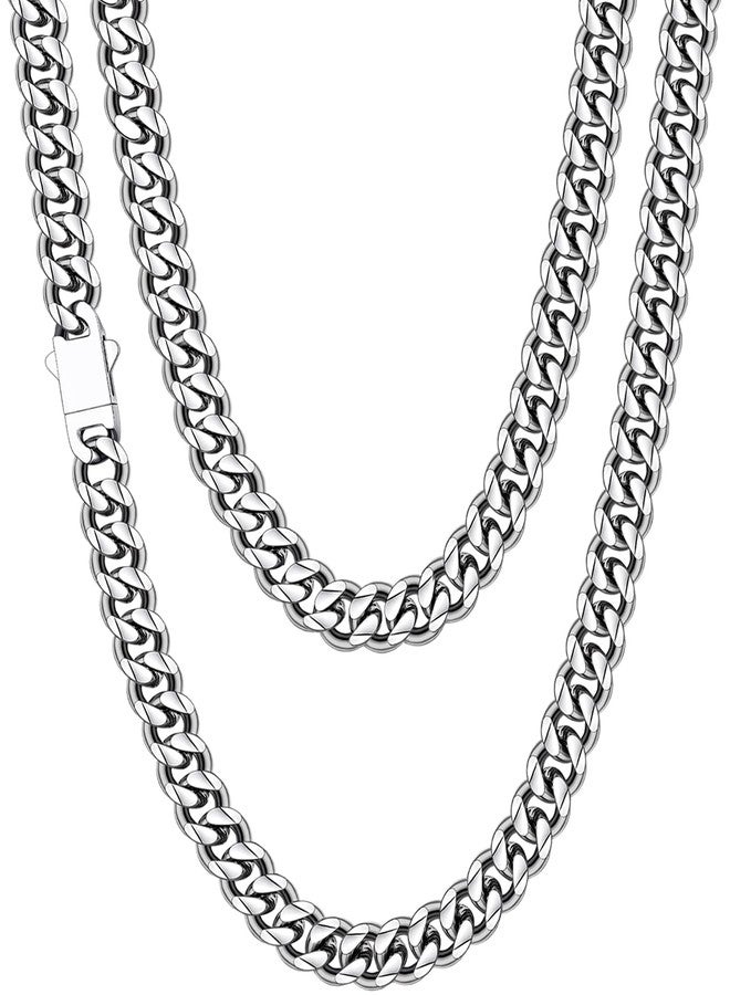 Fiusem 8mm Silver Colored Chains for Men, Silver Plated Cuban Link Chain Necklace for Men and Women, Stainless Steel Necklaces 26 Inch - Image 1